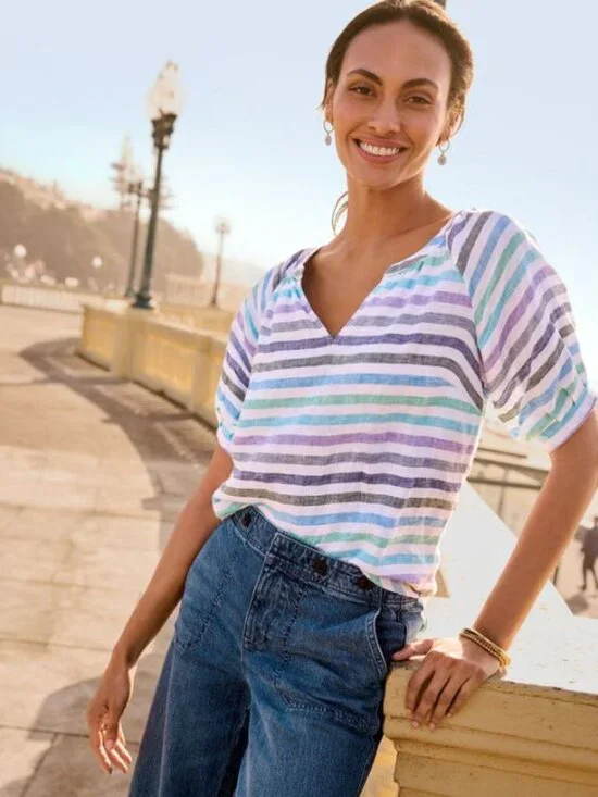 Talbots Rockport Stripe Linen Elbow Sleeve Popover Top - MP - Picture 8 of 8